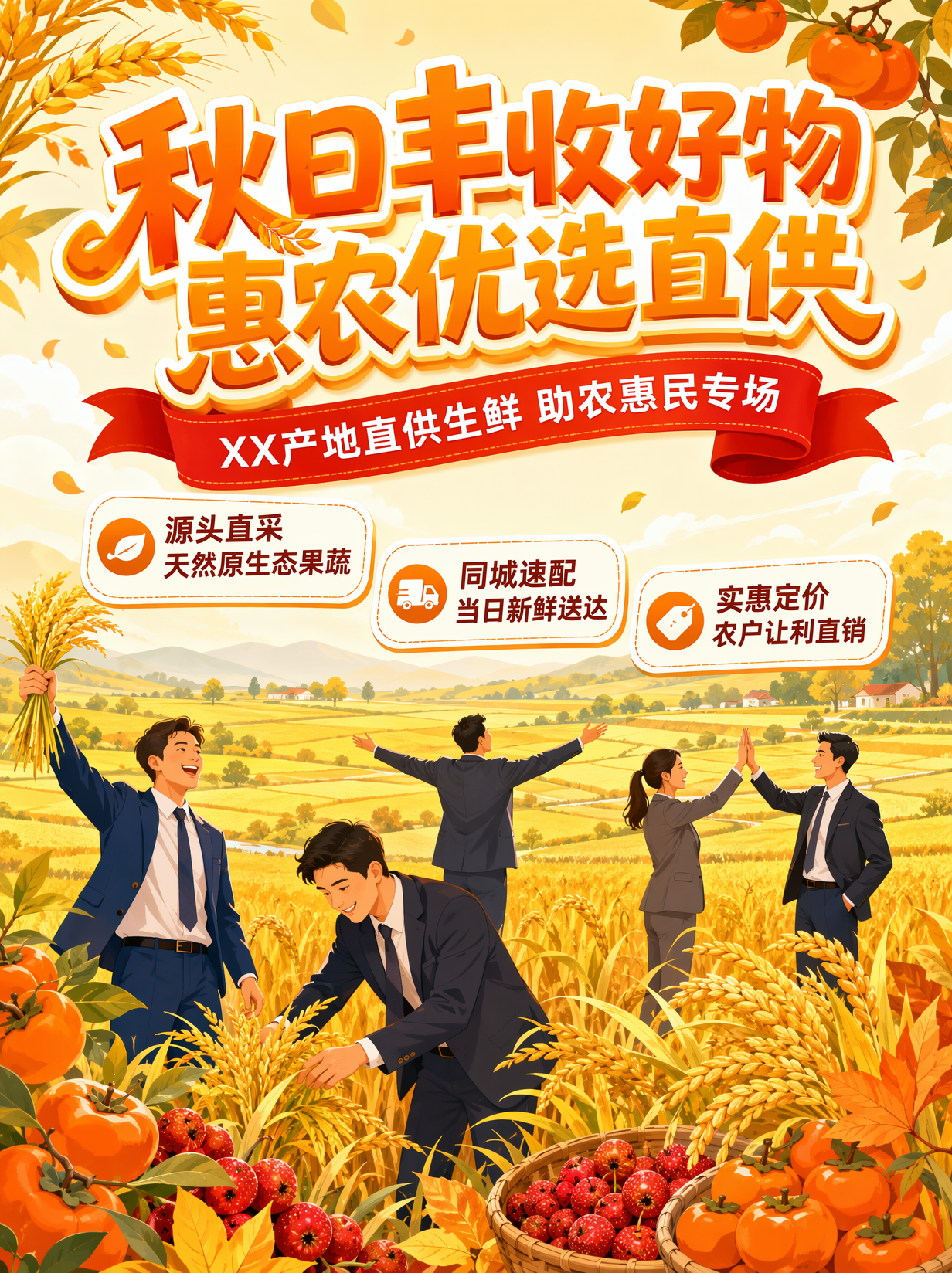 竖版国风扁平手绘插画农产品推广